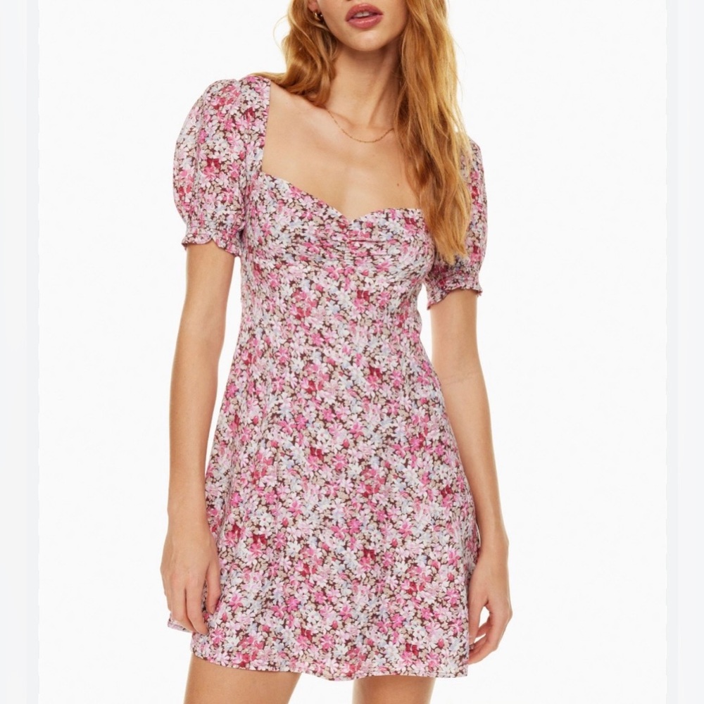 Aritzia Sunday Best Tinsley Pink Floral Print Puff Sleeve Mini Dress Size 10